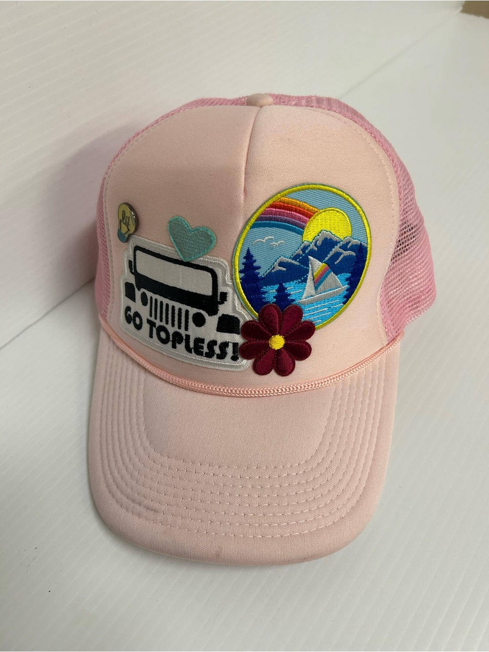 Go Topless Pink Patch Mesh Trucker Hat Mountian Scene Lit Lightbulb Pin